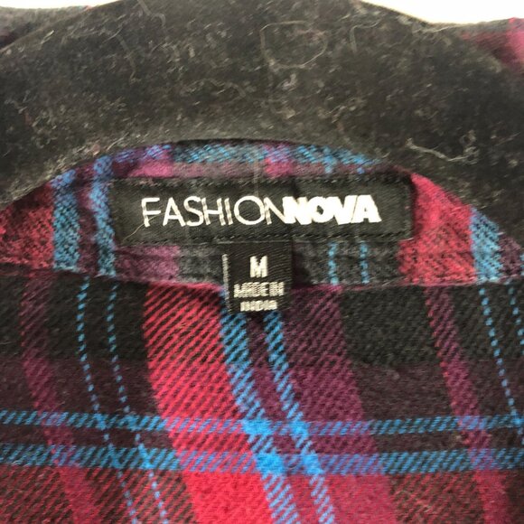 Fashion Nova Womens Flannel Shirt Dress Tunic High Slit Plaid Red Black Blue M - Picture 4 of 5